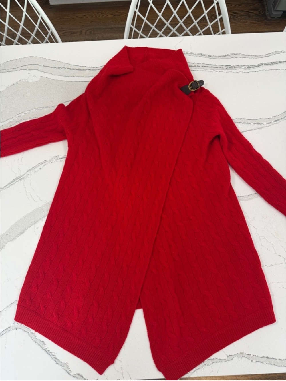 Ralph Lauren Cashmere Wool Leather Red Cable Knit Asymmetrical Cardigan